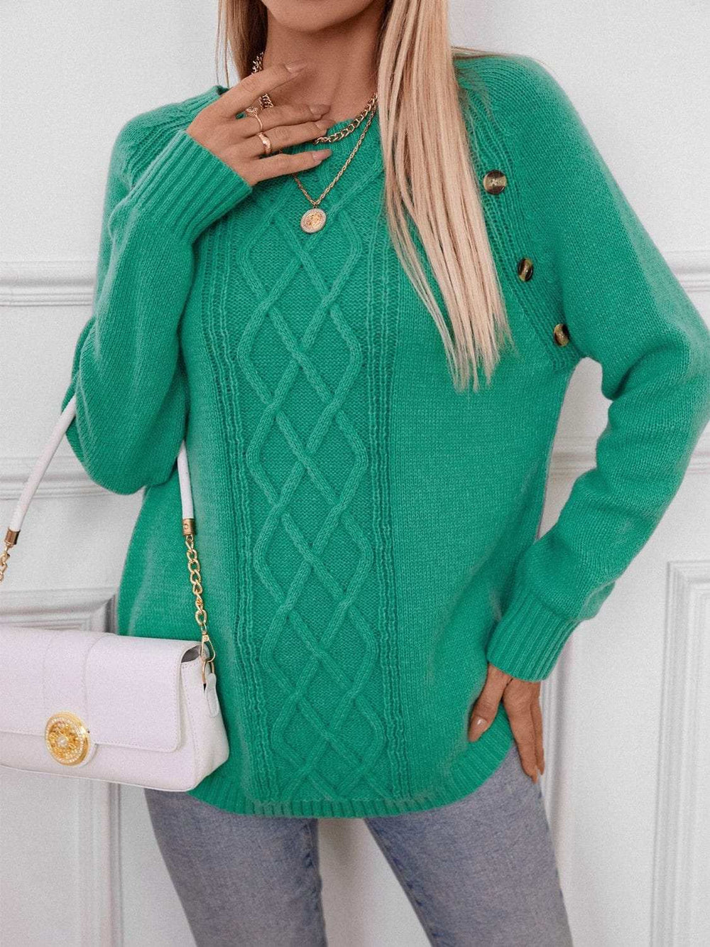 Decorative Button Round Neck Raglan Sleeve Sweater - Trendsi - Flyclothing LLC