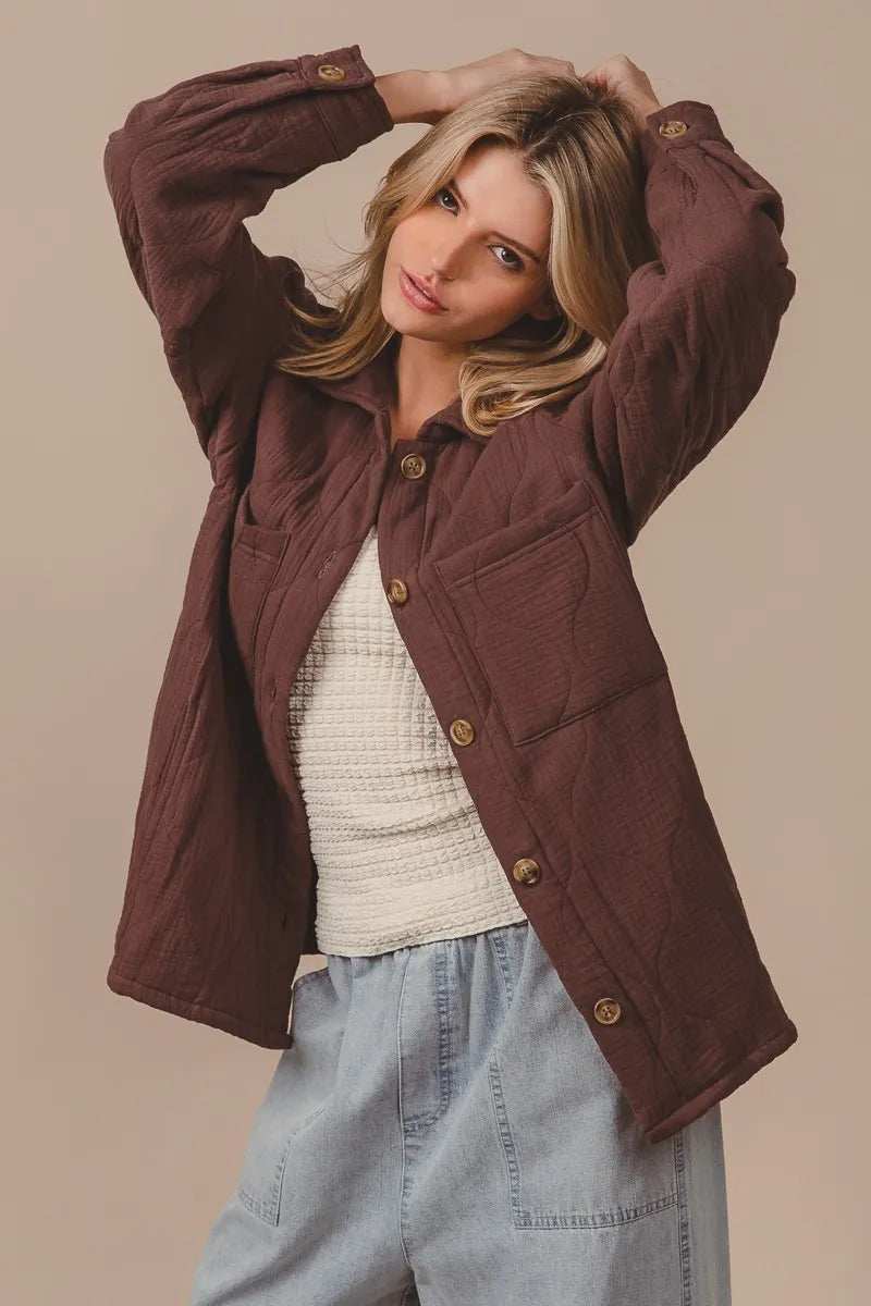 BiBi Quilted Wrinkle Gauze Long Sleeve Shacket - Trendsi - Flyclothing LLC