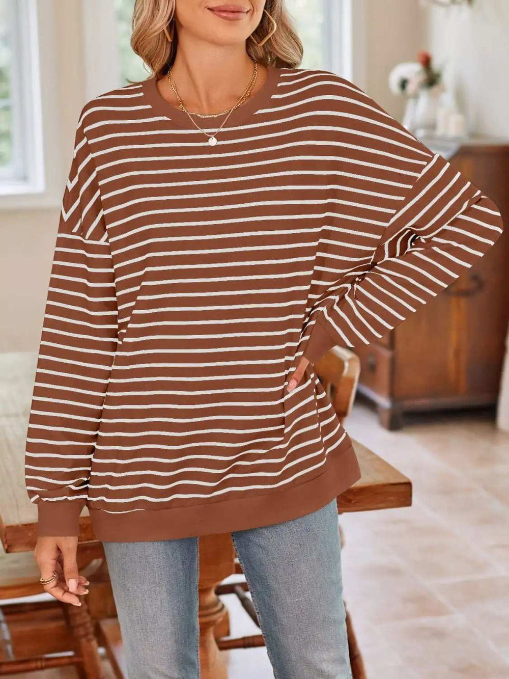 Striped Round Neck Long Sleeve Sweatshirt - Trendsi - Flyclothing LLC