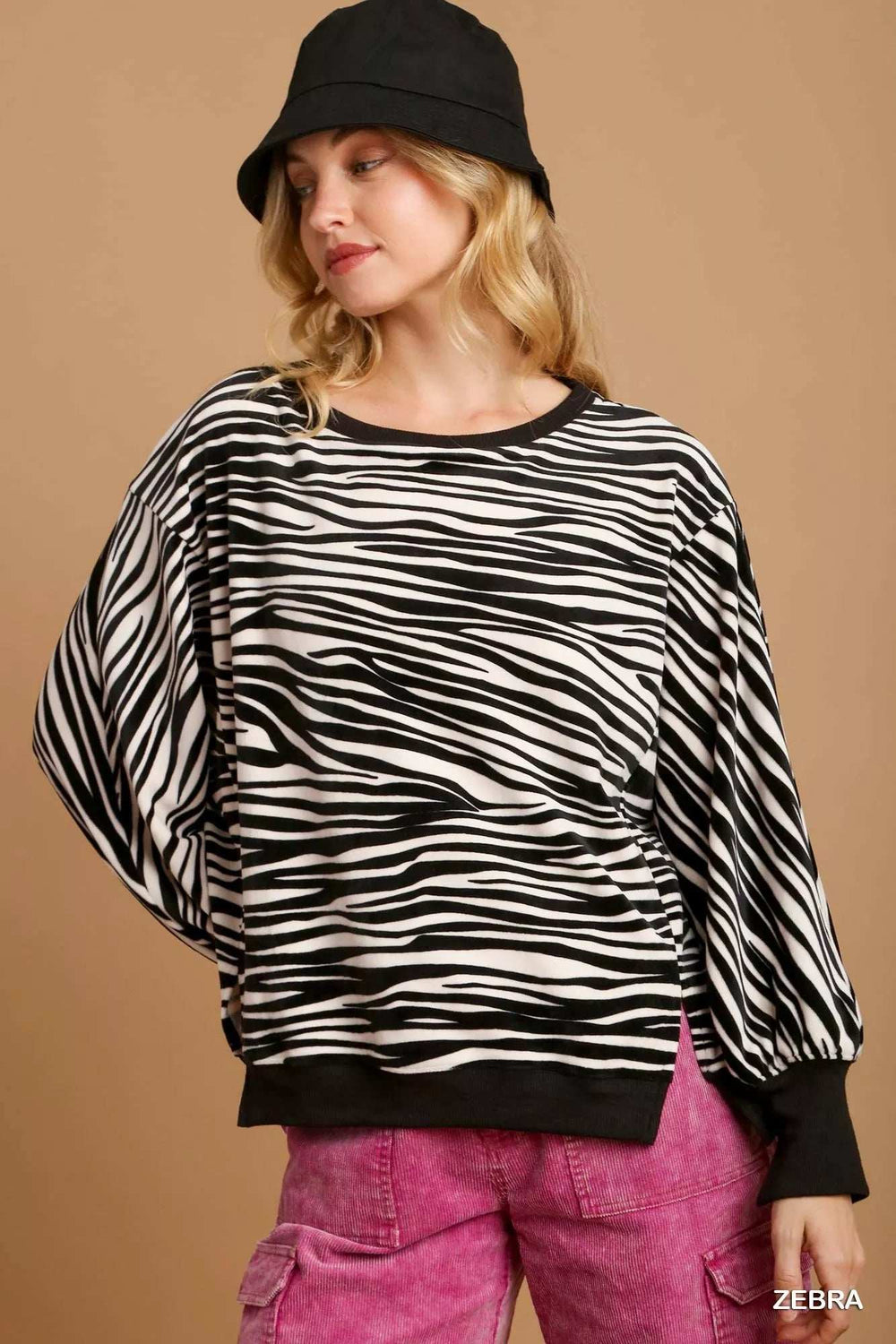 Umgee Zebra Striped Fleece Pullover Sweater Shirt - Trendsi - Flyclothing LLC
