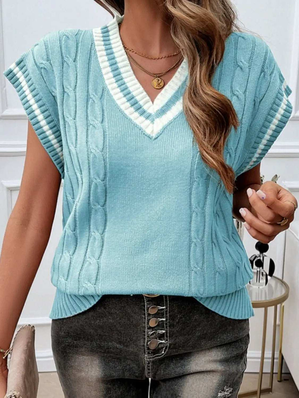 Cable-Knit V-Neck Sweater Vest - Trendsi - Flyclothing LLC