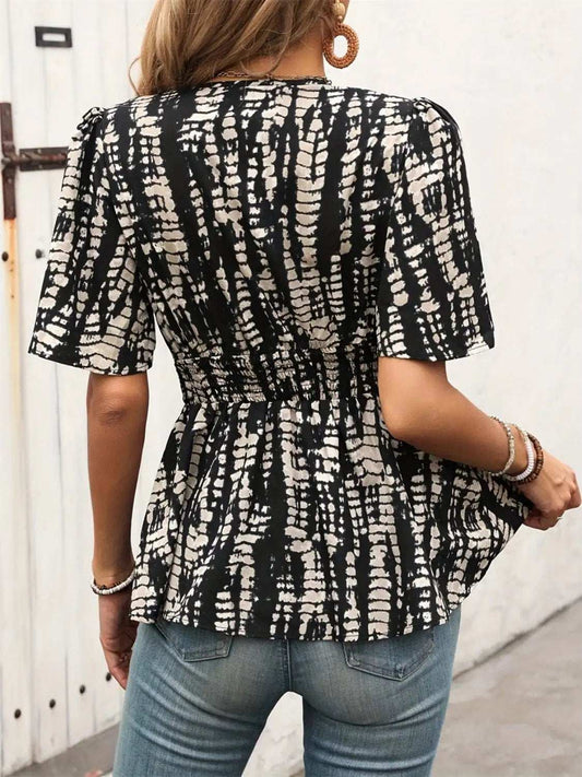 Printed V-Neck Half Sleeve Blouse - Trendsi - Flyclothing LLC