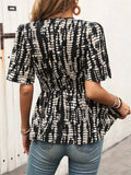 Printed V-Neck Half Sleeve Blouse - Trendsi - Flyclothing LLC
