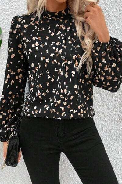 Printed Mock Neck Balloon Sleeve Blouse - Trendsi - Flyclothing LLC