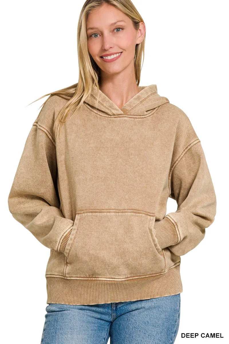 Zenana Fleece Acid Wash Kangaroo Pocket Hoodie - Trendsi - Flyclothing LLC