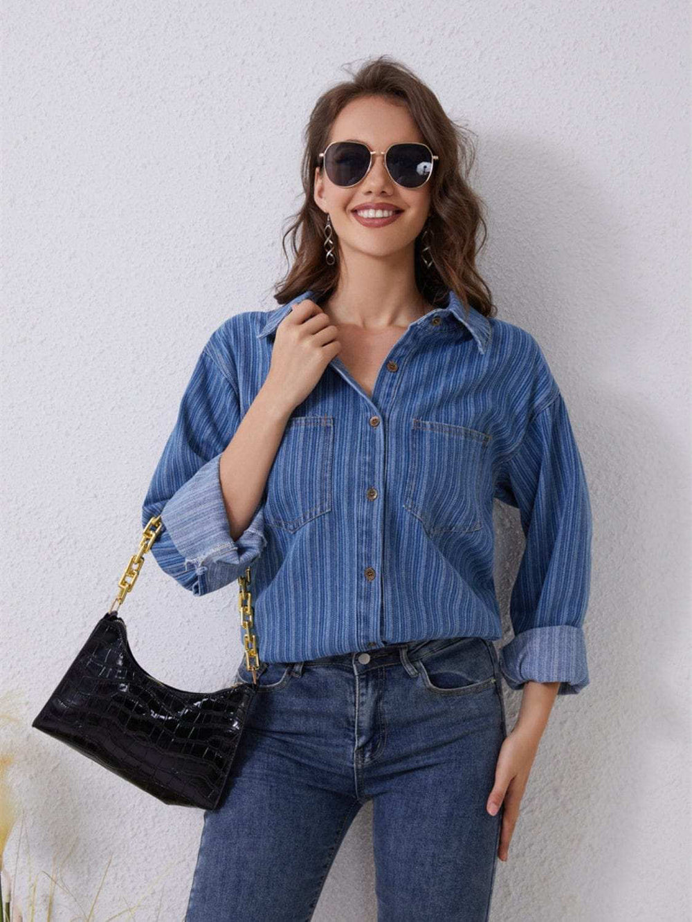 Pocketed Striped Button Up Denim Shirt - Trendsi - Flyclothing LLC