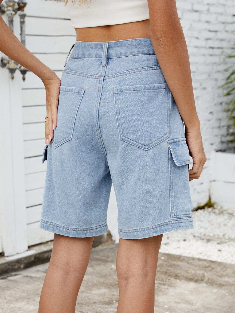 High Waist Denim Shorts with Cargo Pockets - Trendsi - Flyclothing LLC