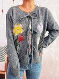 Floral Ribbed Hem Tie Front Cardigan - Trendsi - Flyclothing LLC