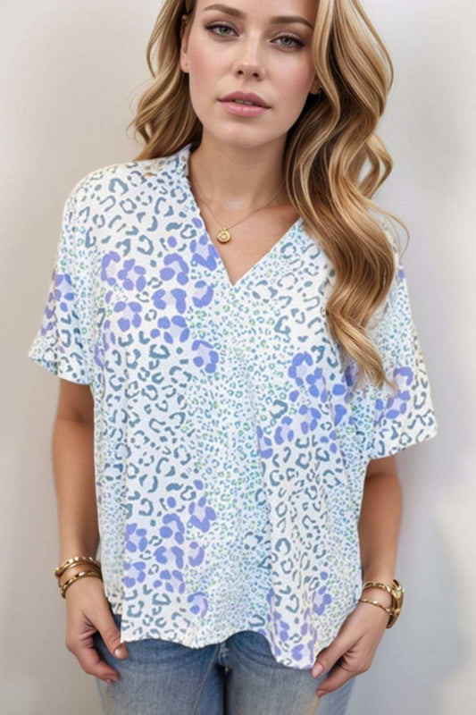 Leopard Print V Neck Short Sleeve Blouse - Trendsi - Flyclothing LLC