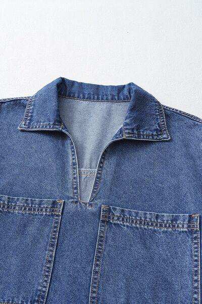 Short Sleeve Collared Patched Pocket Denim Mini Dress - Trendsi - Flyclothing LLC