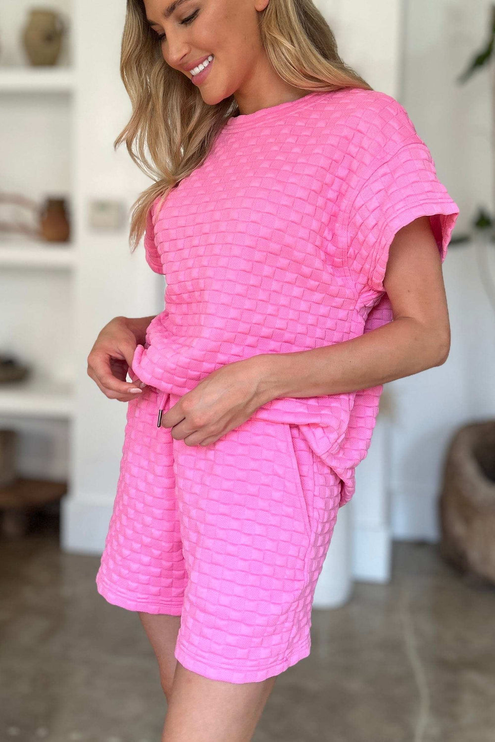 Double Take Full Size Texture T-Shirt and Shorts Set - Trendsi - Flyclothing LLC