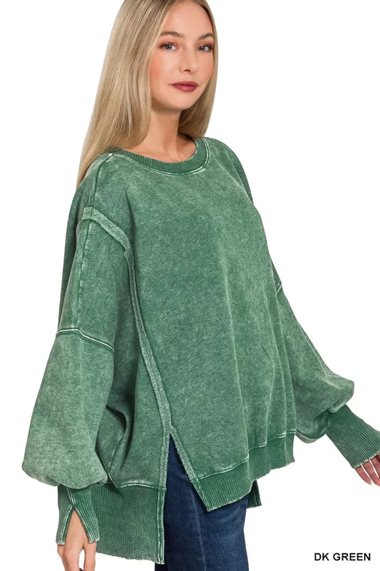Zenana Acid Washed Batwing Sleeve Fleece Sweatshirt - Trendsi - Flyclothing LLC