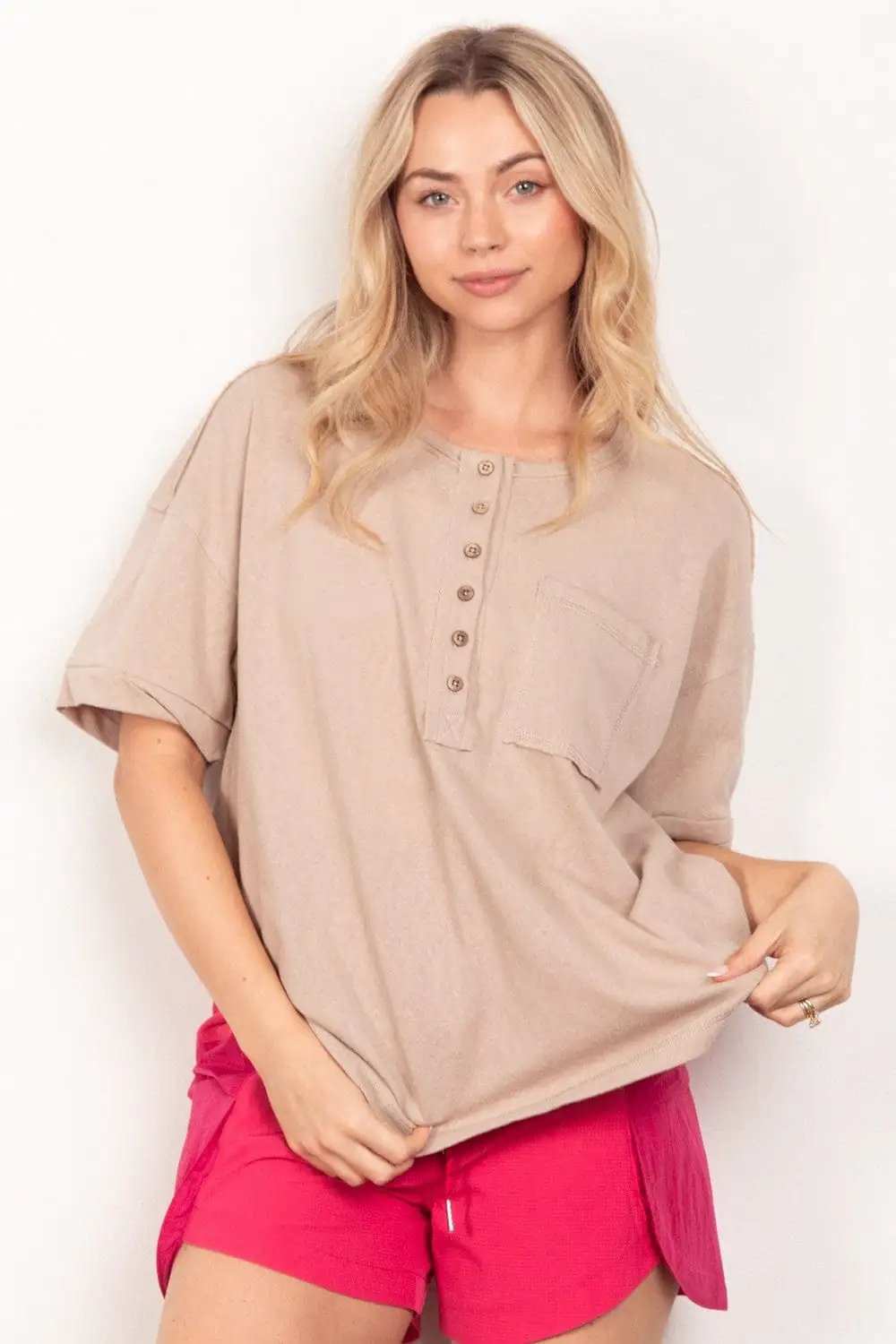 VERY J Twisted Sleeve Band Half Button Top - Trendsi - Flyclothing LLC