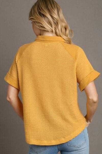 Umgee Full Size Waffle-Knit Short Sleeve Button Down Shirt Plus Size - Trendsi - Flyclothing LLC