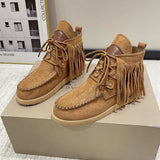 Fringe Studded Round Toe Canvas Boots - Trendsi - Flyclothing LLC