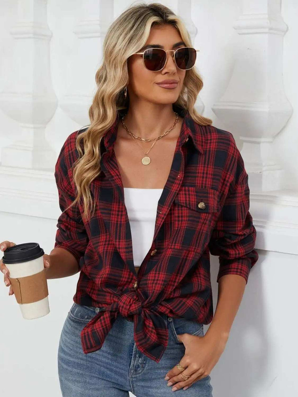 Plaid Collared Neck Long Sleeve Shirt - Trendsi - Flyclothing LLC
