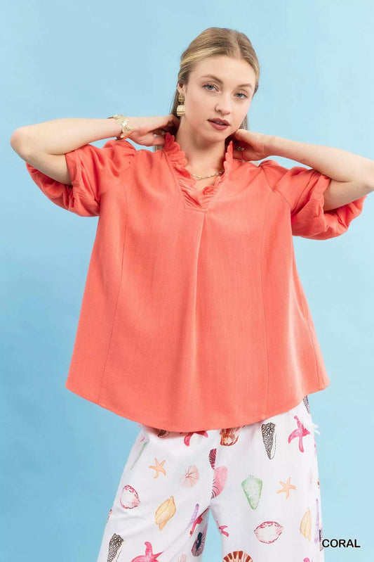 Umgee Linen Scallop Trim V-Neck Blouse - Trendsi - Flyclothing LLC
