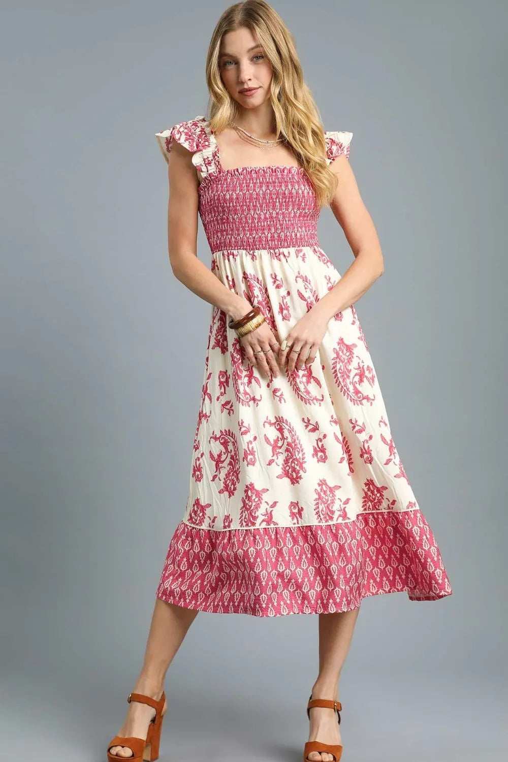 Umgee Printed Smocked Midi Dress with Ruffle Details - Trendsi - Flyclothing LLC