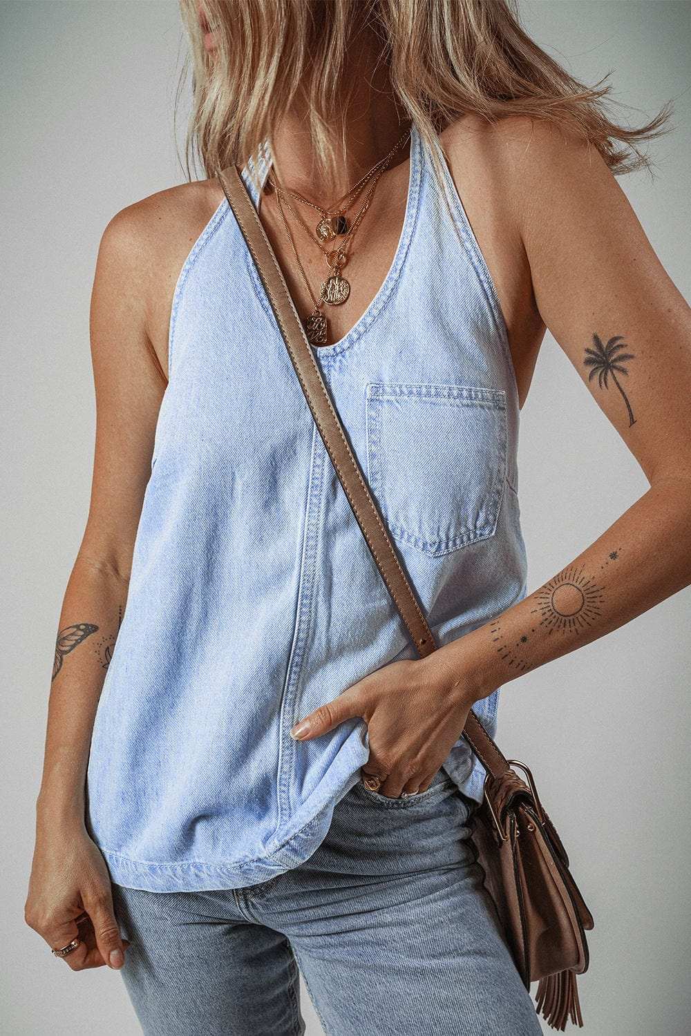 Backless Halter Neck Denim Top - Trendsi - Flyclothing LLC