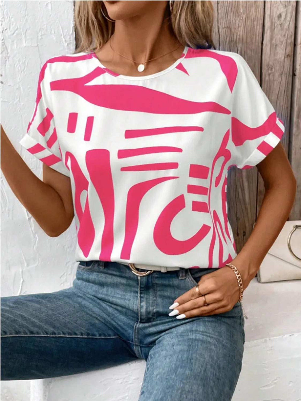 Contrast Round Neck Short Sleeve Blouse - Trendsi - Flyclothing LLC
