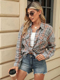 Pocketed Plaid Collared Neck Long Sleeve Shirt - Trendsi - Flyclothing LLC