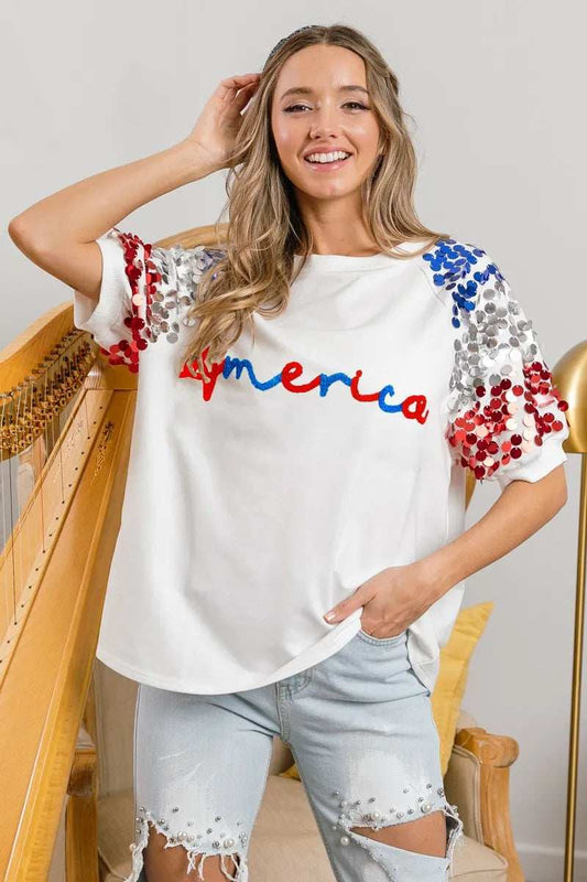 BiBi America Letter Applique Spangle Puff Sleeves Top - Trendsi - Flyclothing LLC
