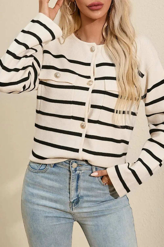 Striped Button Up Round Neck Cardigan - Trendsi - Flyclothing LLC