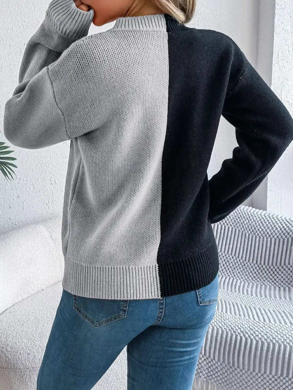 Contrast Round Neck Long Sleeve Sweater - Trendsi - Flyclothing LLC