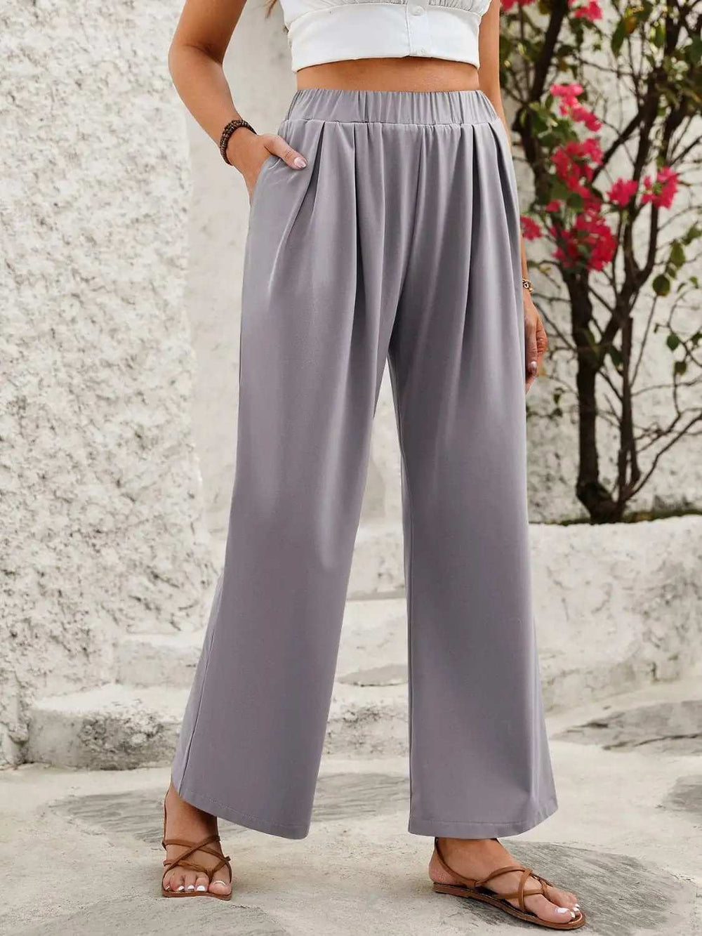 Elastic Waist Wide Leg Pants - Trendsi - Flyclothing LLC