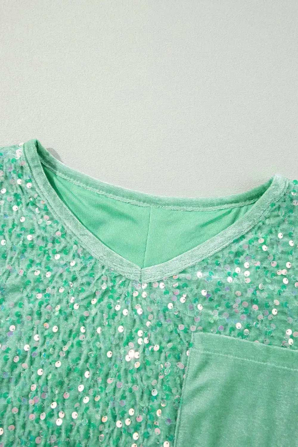 Layered Sequin V-Neck Half Sleeve Top - Trendsi - Flyclothing LLC