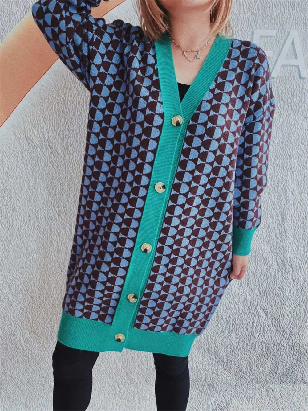 Contrast Trim Geometric Button Down Cardigan - Trendsi - Flyclothing LLC