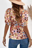 Smocked Printed V-Neck Half Sleeve Blouse - Trendsi - Flyclothing LLC