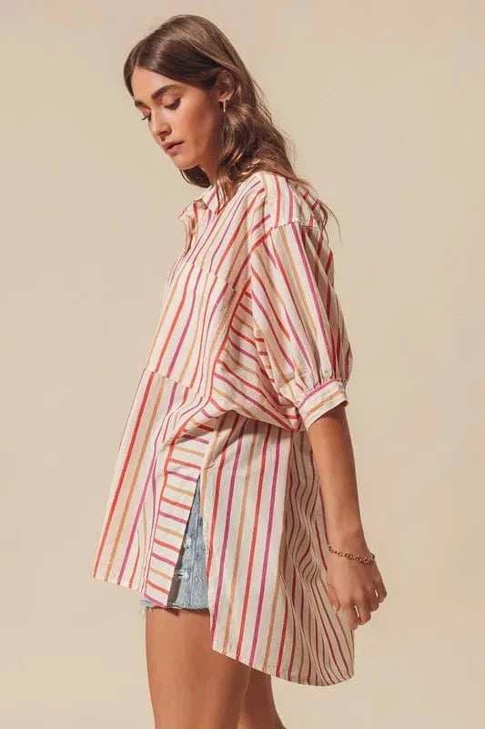 SO ME Multicolored Stripe Button Down Shirt - Trendsi - Flyclothing LLC