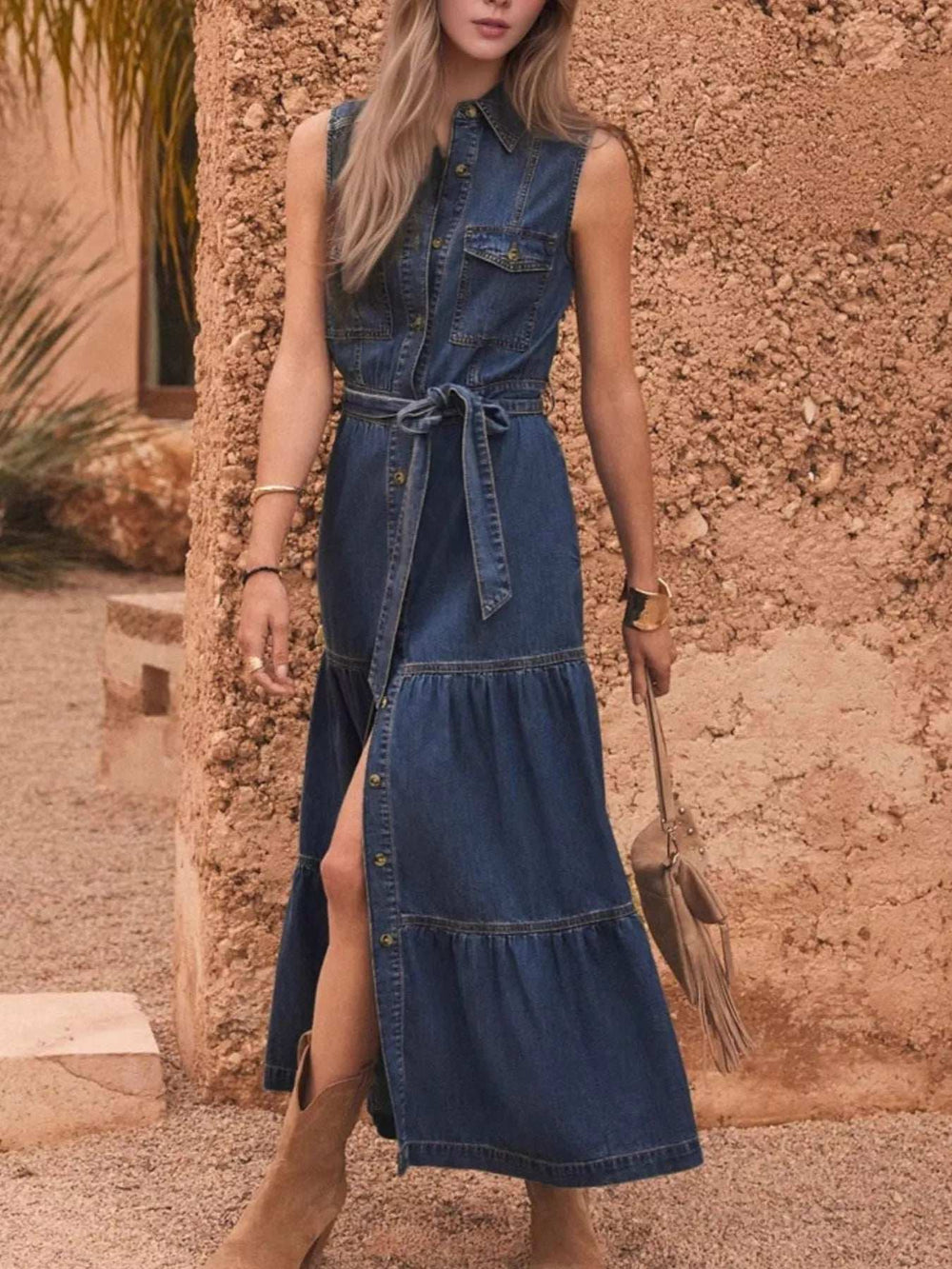 Button Front Sleeveless Denim Dress - Trendsi - Flyclothing LLC