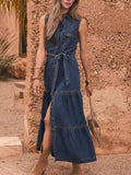 Button Front Sleeveless Denim Dress - Trendsi - Flyclothing LLC