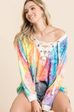 BiBi Tie Dye Deep V-neck Top With Lace Up Front - Trendsi - Flyclothing LLC