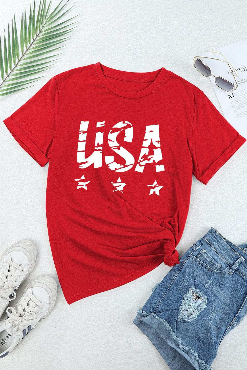 USA Round Neck Short Sleeve T-Shirt - Trendsi - Flyclothing LLC