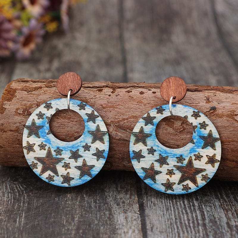Cutout Star Print Wooden Dangle Earrings - Trendsi - Flyclothing LLC
