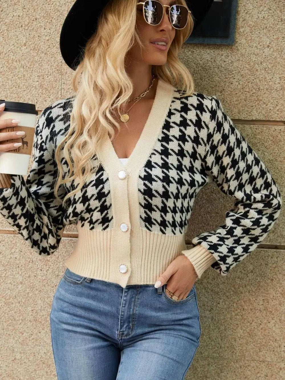 Houndstooth Button Up Long Sleeve Cardigan - Trendsi - Flyclothing LLC
