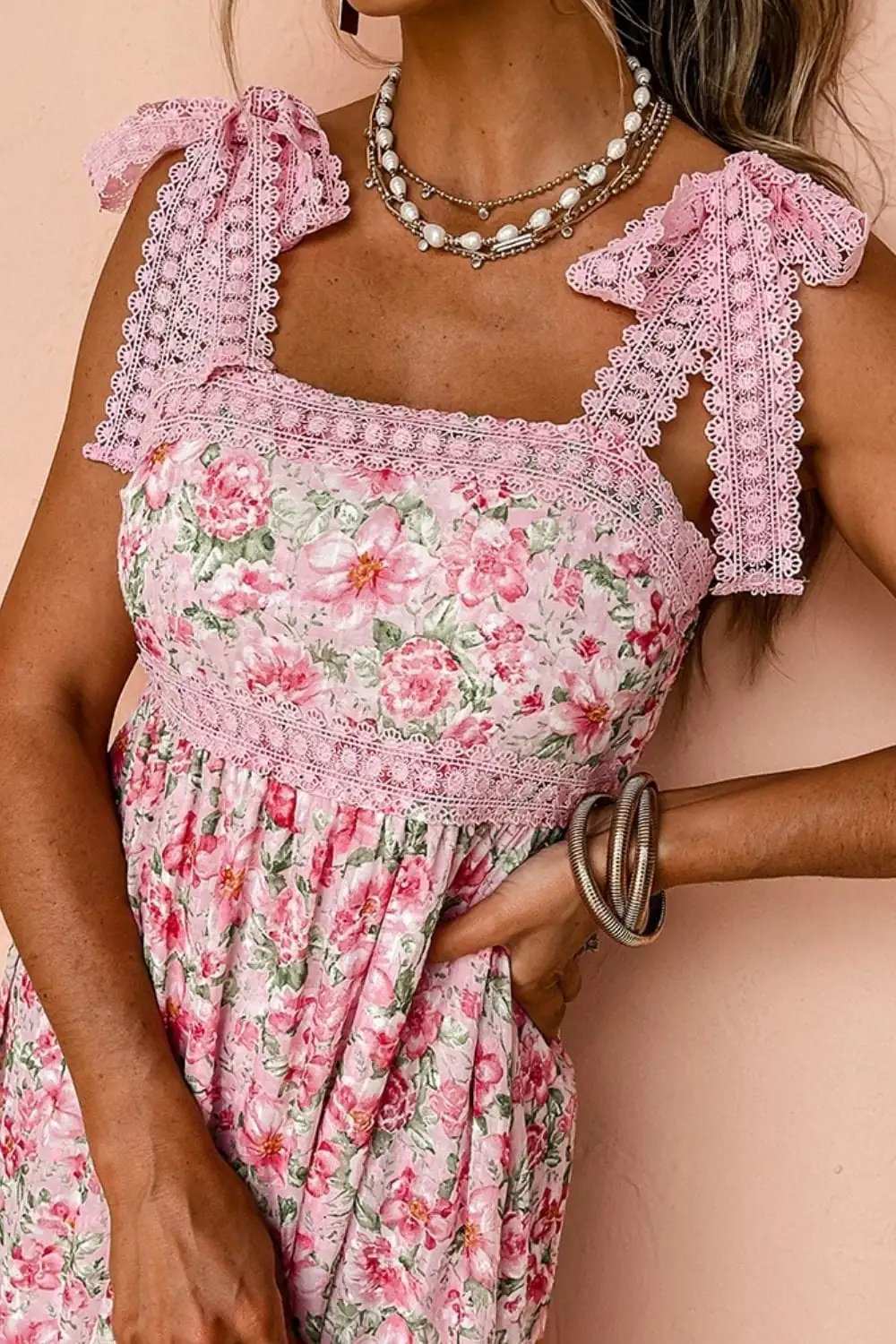 Floral Lace Tied Strap Square Neck Dress with Pockets - Trendsi - Flyclothing LLC