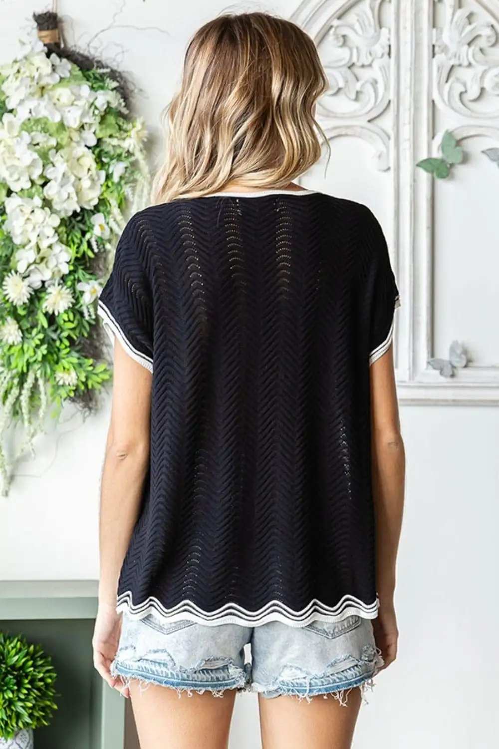 First Love Full Size Contrast Wavy Crochet Drop Shoulder Knit Top - Trendsi - Flyclothing LLC