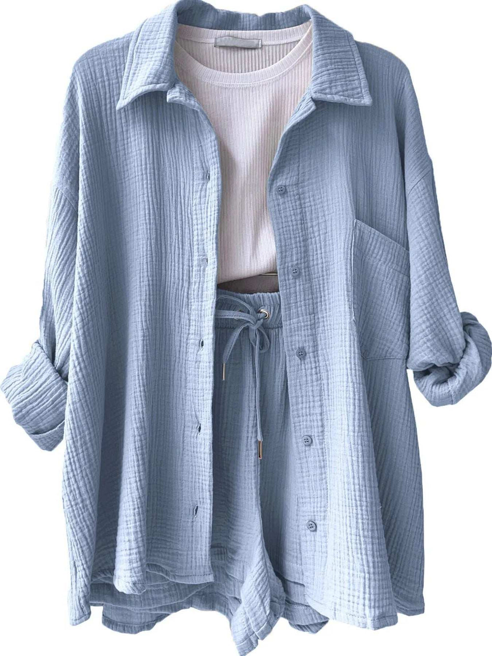 Textured Button Up Shirt and Shorts Set - Trendsi - Flyclothing LLC