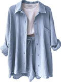 Textured Button Up Shirt and Shorts Set - Trendsi - Flyclothing LLC