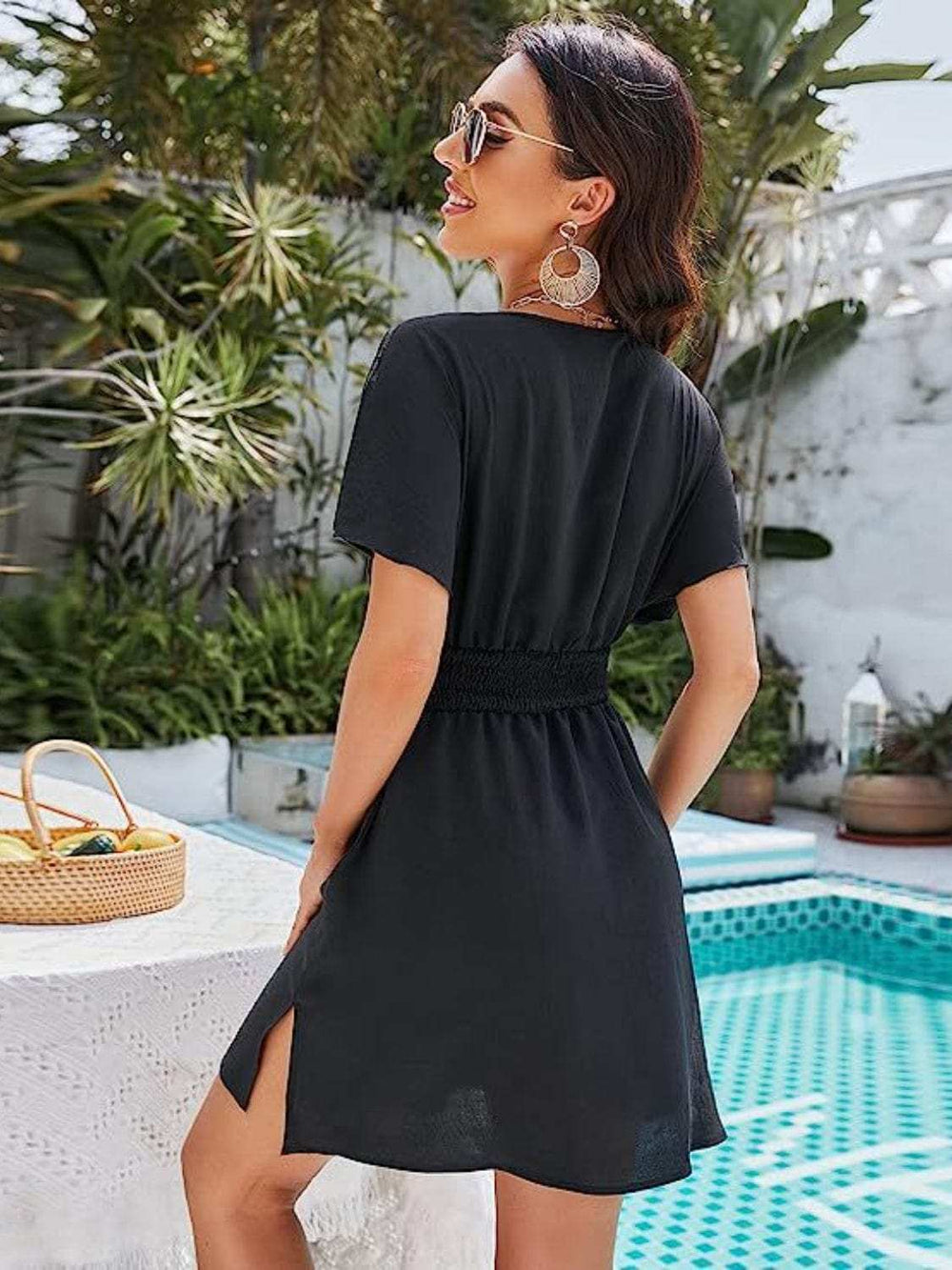 Smocked V-Neck Short Sleeve Dress - Trendsi - Flyclothing LLC