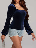 Square Neck Long Sleeve Velvet Top - Trendsi - Flyclothing LLC