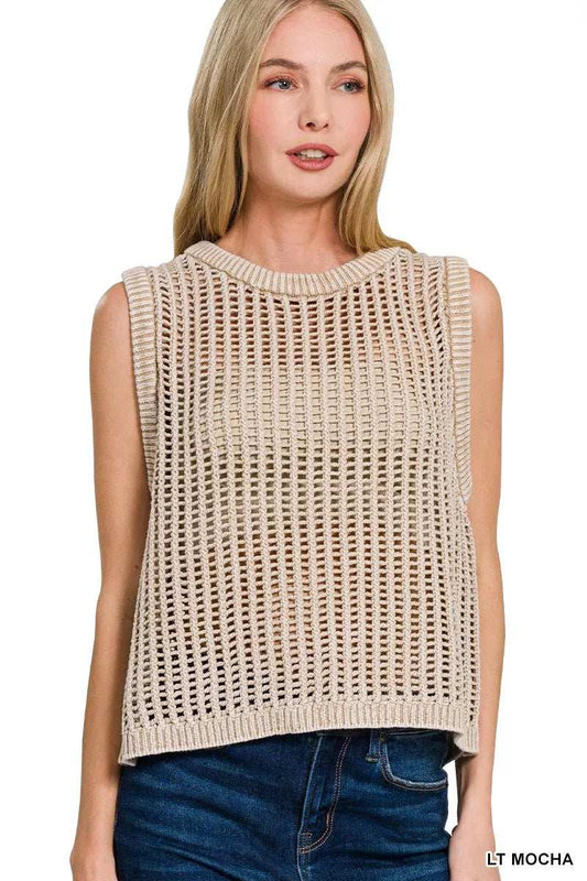 Zenana Acid Washed Fishnet Sweater Vest - Trendsi - Flyclothing LLC