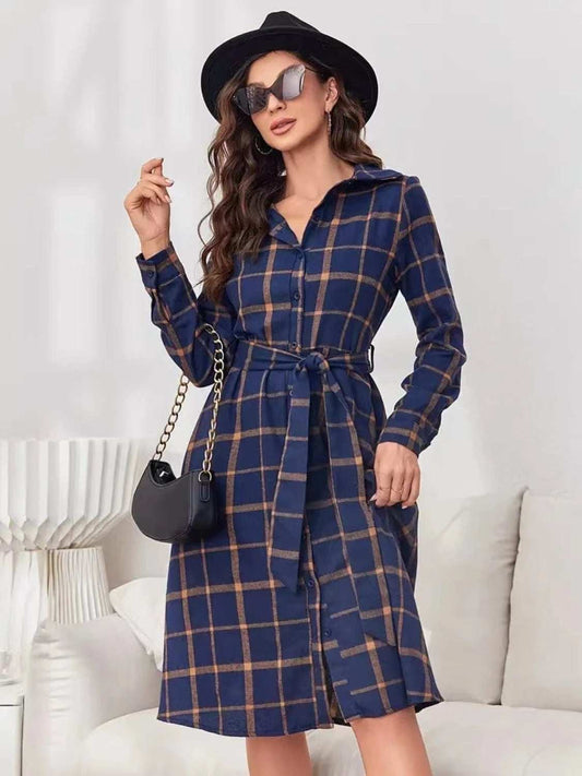 Plaid Tie Waist Long Sleeve Dress - Trendsi - Flyclothing LLC