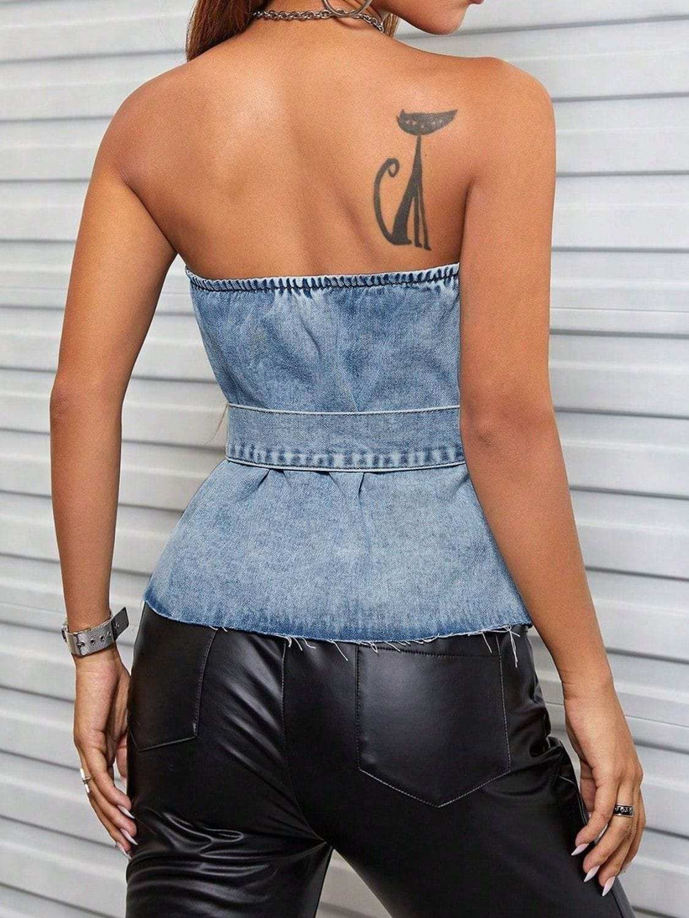 Frayed Hem Button Detail Tube Top - Trendsi - Flyclothing LLC