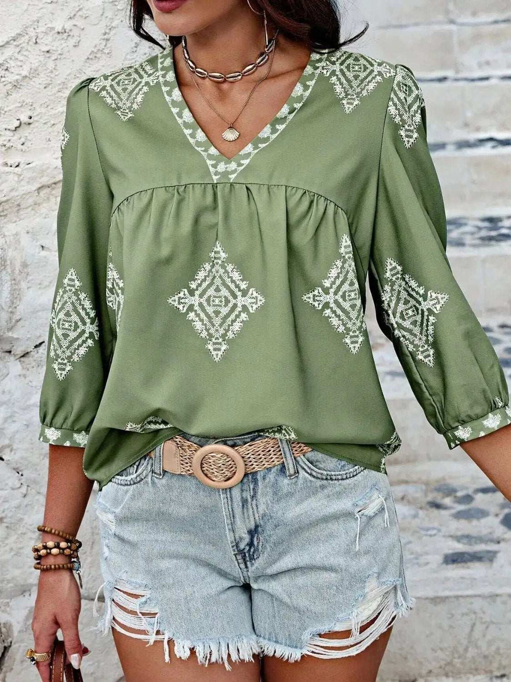Printed V-Neck Three-Quarter Sleeve Blouse - Trendsi - Flyclothing LLC