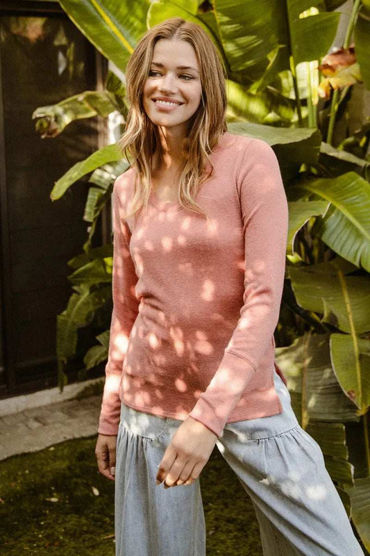 BiBi Mir Solid Raw Edge Neckline Thumb Opening Top - Trendsi - Flyclothing LLC